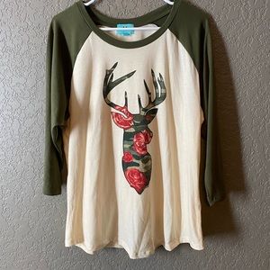 South Main Womens T-Shirt Tunic Size XL Camo Deer print army Green 3/4 Sleeve